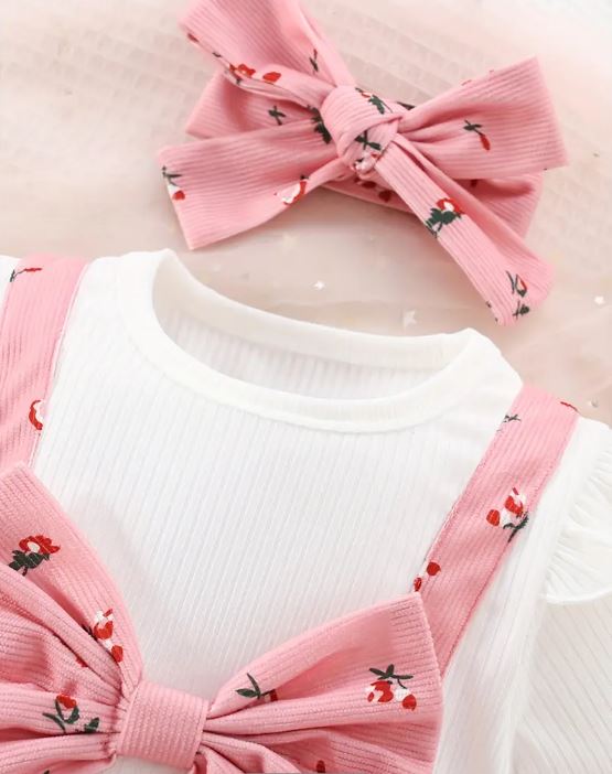 Vestido con Tirantes y Estampado Floral Rosa para Niñas con Lazo y Top de Manga Larga con Volantes