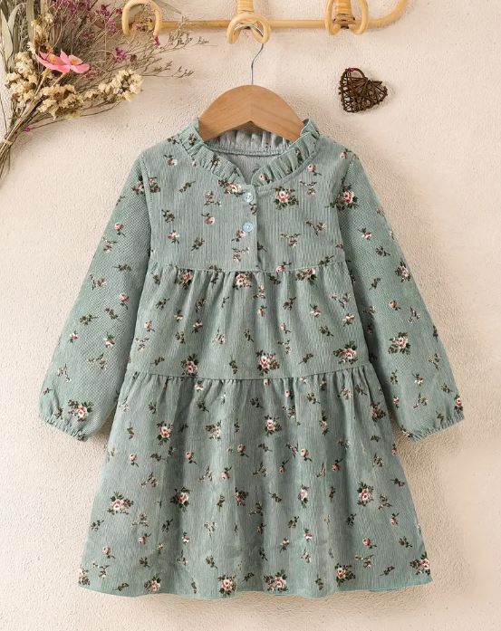 Vestido Largo de Manga Larga con Estampado Floral Bohemio para Niñas Encantadoras - Estilo Casual Dulce con Dobladillo Fruncido, Cuello Redondo, Poliéster -