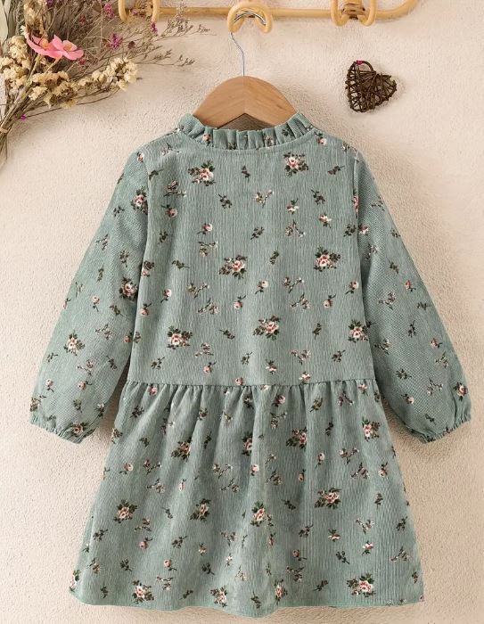 Vestido Largo de Manga Larga con Estampado Floral Bohemio para Niñas Encantadoras - Estilo Casual Dulce con Dobladillo Fruncido, Cuello Redondo, Poliéster -