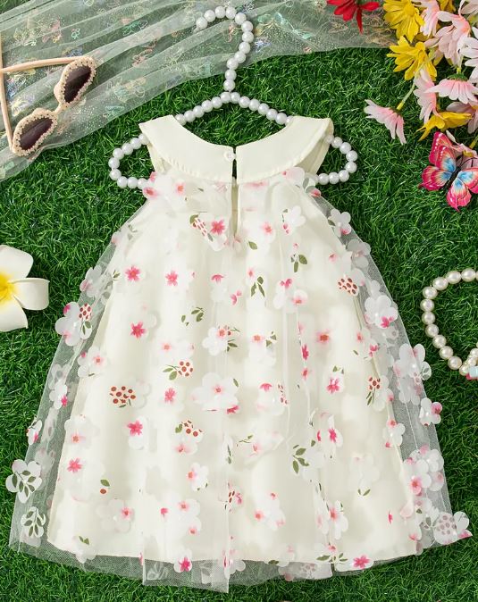 Vestido romántico sin mangas para niñas con bordado de flores 3D y un hermoso lazo.