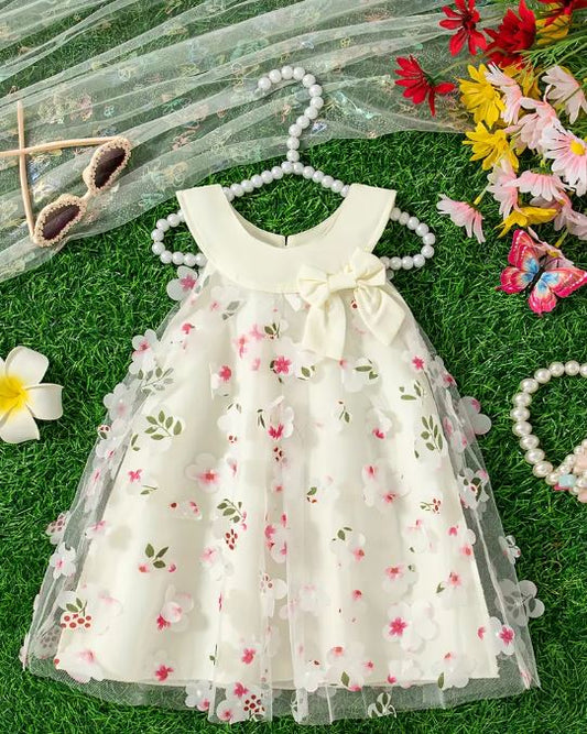 Vestido romántico sin mangas para niñas con bordado de flores 3D y un hermoso lazo.