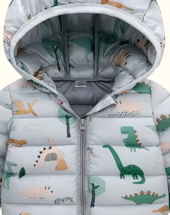 chaqueta cálida y con orejitas y estampado de dinosaurios