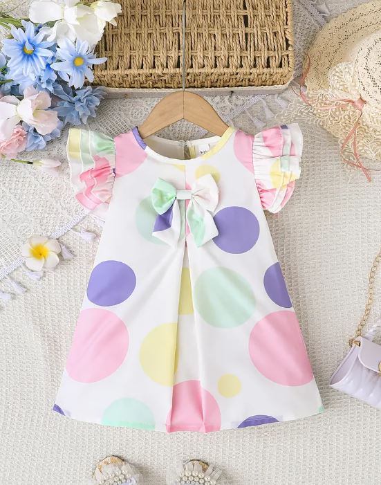 Vestido de Verano Adorable para Niñas con Mangas de Volantes y Detalle de Lazo - Estampado de Lunares Pastel