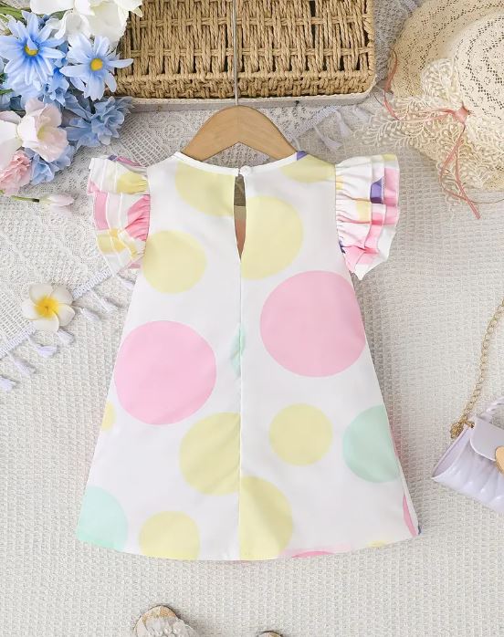 Vestido de Verano Adorable para Niñas con Mangas de Volantes y Detalle de Lazo - Estampado de Lunares Pastel