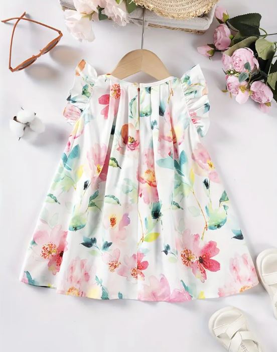 Vestido De Patrón Floral Acuarela Para Niñas, Manga Corta.