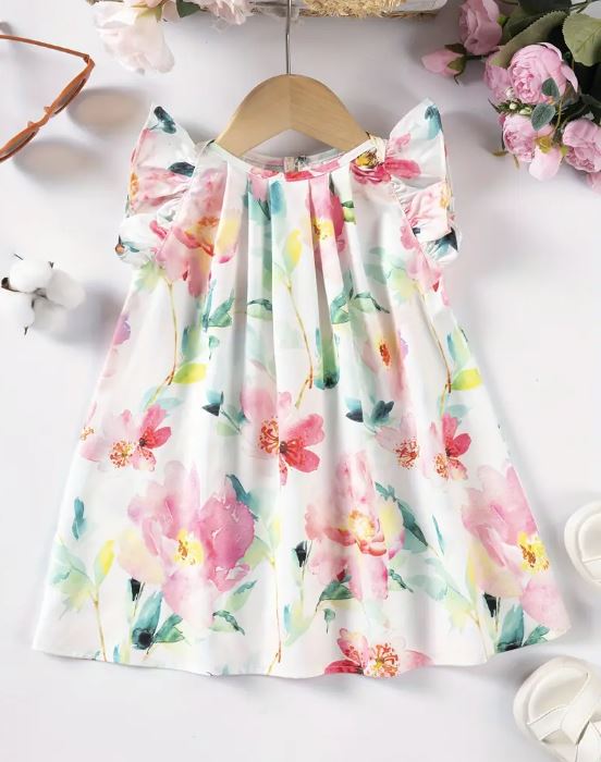 Vestido De Patrón Floral Acuarela Para Niñas, Manga Corta.