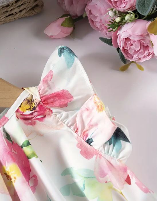 Vestido De Patrón Floral Acuarela Para Niñas, Manga Corta.