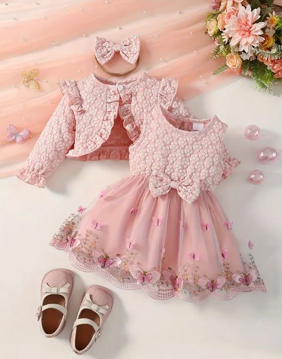 Conjunto para Niñas de 3 Piezas: Vestido de Tul Bordado con Mariposas Rosas y Mangas con Volantes, Detalle de Lazo, Top Corto de Poliéster con Diadema de Lazo