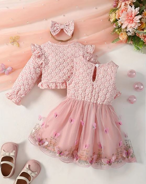 Conjunto para Niñas de 3 Piezas: Vestido de Tul Bordado con Mariposas Rosas y Mangas con Volantes, Detalle de Lazo, Top Corto de Poliéster con Diadema de Lazo