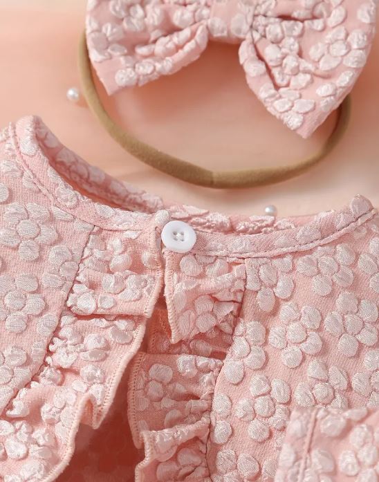 Conjunto para Niñas de 3 Piezas: Vestido de Tul Bordado con Mariposas Rosas y Mangas con Volantes, Detalle de Lazo, Top Corto de Poliéster con Diadema de Lazo