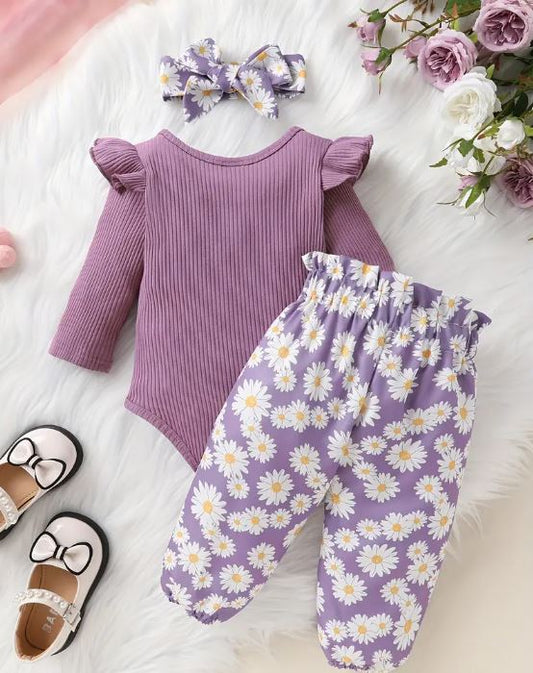 Conjunto de pelele de manga con volantes y pantalón con estampado floral para niñas pequeñas con lazo