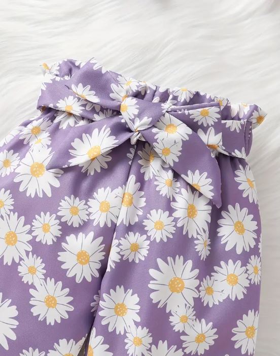 Conjunto de pelele de manga con volantes y pantalón con estampado floral para niñas pequeñas con lazo