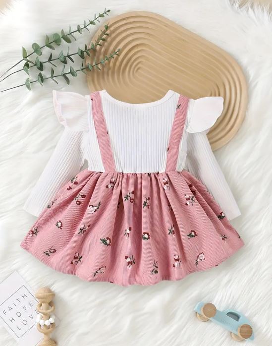 Vestido con Tirantes y Estampado Floral Rosa para Niñas con Lazo y Top de Manga Larga con Volantes