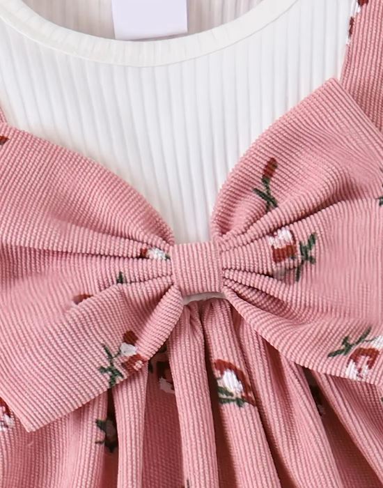 Vestido con Tirantes y Estampado Floral Rosa para Niñas con Lazo y Top de Manga Larga con Volantes