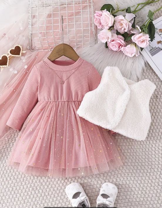 Conjunto de ropa para niñas pequeñas y bebés, chaleco cálido y difuso de 2 piezas + vestido de manga larga con empalme de malla.