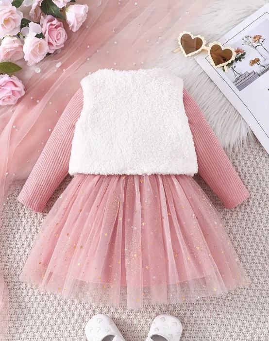 Conjunto de ropa para niñas pequeñas y bebés, chaleco cálido y difuso de 2 piezas + vestido de manga larga con empalme de malla.