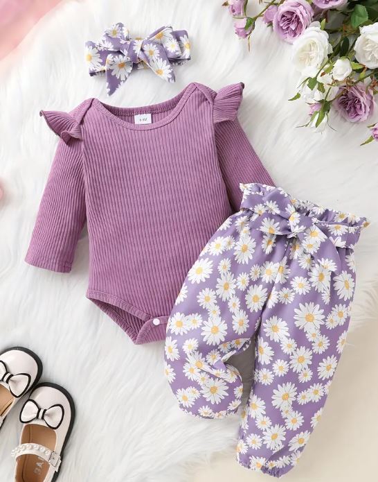 Conjunto de pelele de manga con volantes y pantalón con estampado floral para niñas pequeñas con lazo