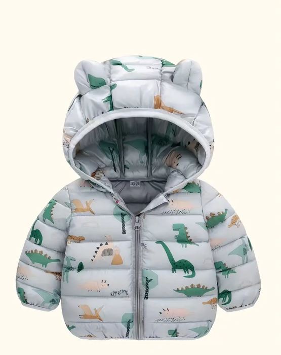 chaqueta cálida y con orejitas y estampado de dinosaurios