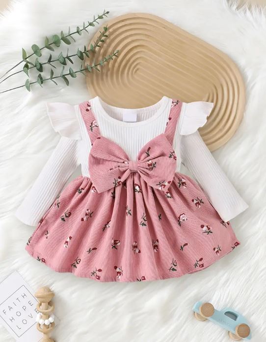 Vestido con Tirantes y Estampado Floral Rosa para Niñas con Lazo y Top de Manga Larga con Volantes