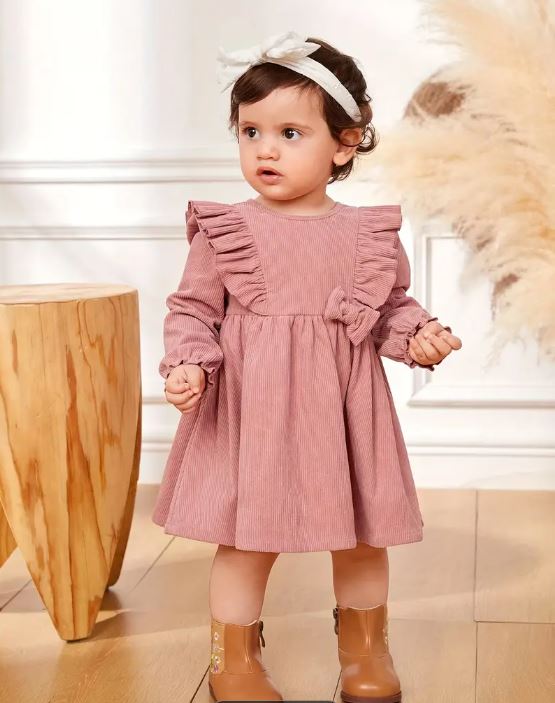 Vestido Elegante de Manga Larga Rosa para Niñas Pequeñas con Detalle de Volante y Lazo