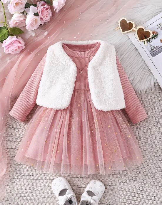 Conjunto de ropa para niñas pequeñas y bebés, chaleco cálido y difuso de 2 piezas + vestido de manga larga con empalme de malla.